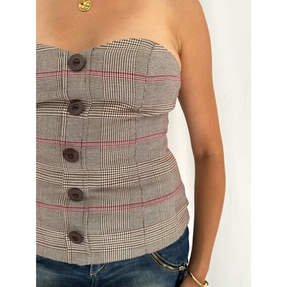 y2k vintage GUESS jeans preppy brown plaid button up strapless tube crop top - Picture 7 of 9
